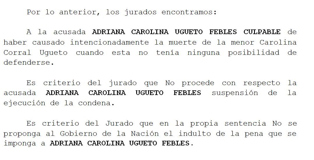 El tribunal popular considera, por unanimidad, culpable a Adriana Ugueto del asesinato de su hija El tribunal popular considera, por unanimidad, culpable a Adriana Ugueto del asesinato de su hija
