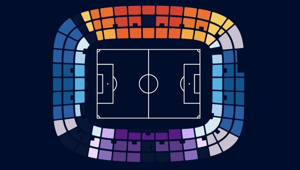 La afición del Elche llenará la Grada Visitante, que es la línea negra ubicada entre los sectores representados en amarillo y azul.