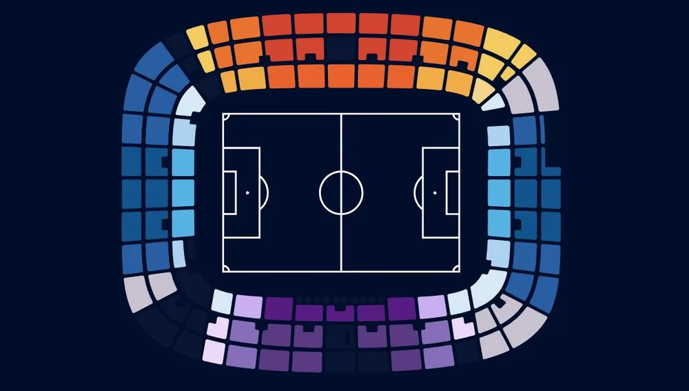 La afición del Elche llenará la Grada Visitante, que es la línea negra ubicada entre los sectores representados en amarillo y azul. La afición del Elche llenará la Grada Visitante, que es la línea negra ubicada entre los sectores representados en amarillo y azul.