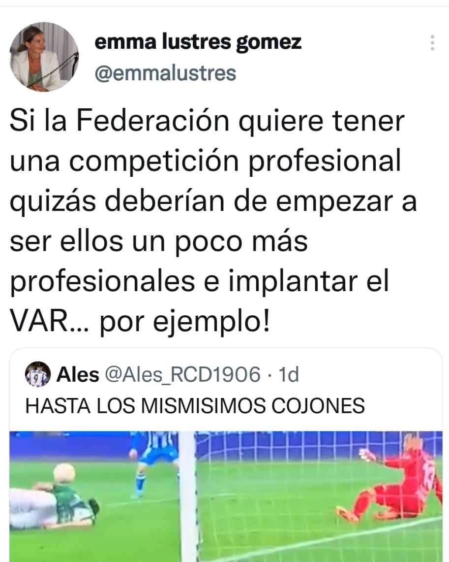 De la infinita superioridad de Borja Jiménez a la infinita crítica de Emma Lustres a la Federación por el penalti no pitado en el Dépor-Racing De la infinita superioridad de Borja Jiménez a la infinita crítica de Emma Lustres a la Federación por el penalti no pitado en el Dépor-Racing