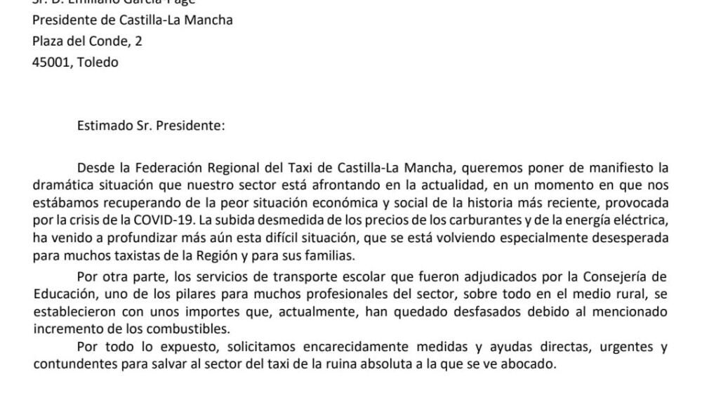 Carta remitida por los taxistas al presidente de CLM