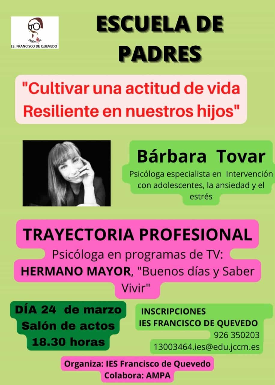 Bárbara Tovar dará una charla en el I.E.S Francisco de Quevedo, de Villanueva de los Infantes Bárbara Tovar dará una charla en el I.E.S Francisco de Quevedo, de Villanueva de los Infantes