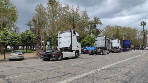Camionfes en caravana por Av. de La Victoria