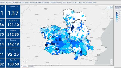 Mapa de CLM con la incidencia acumulada en cada provincia