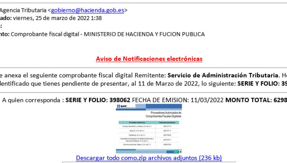 El correo fraudulento que le llega a los usuarios El correo fraudulento que le llega a los usuarios