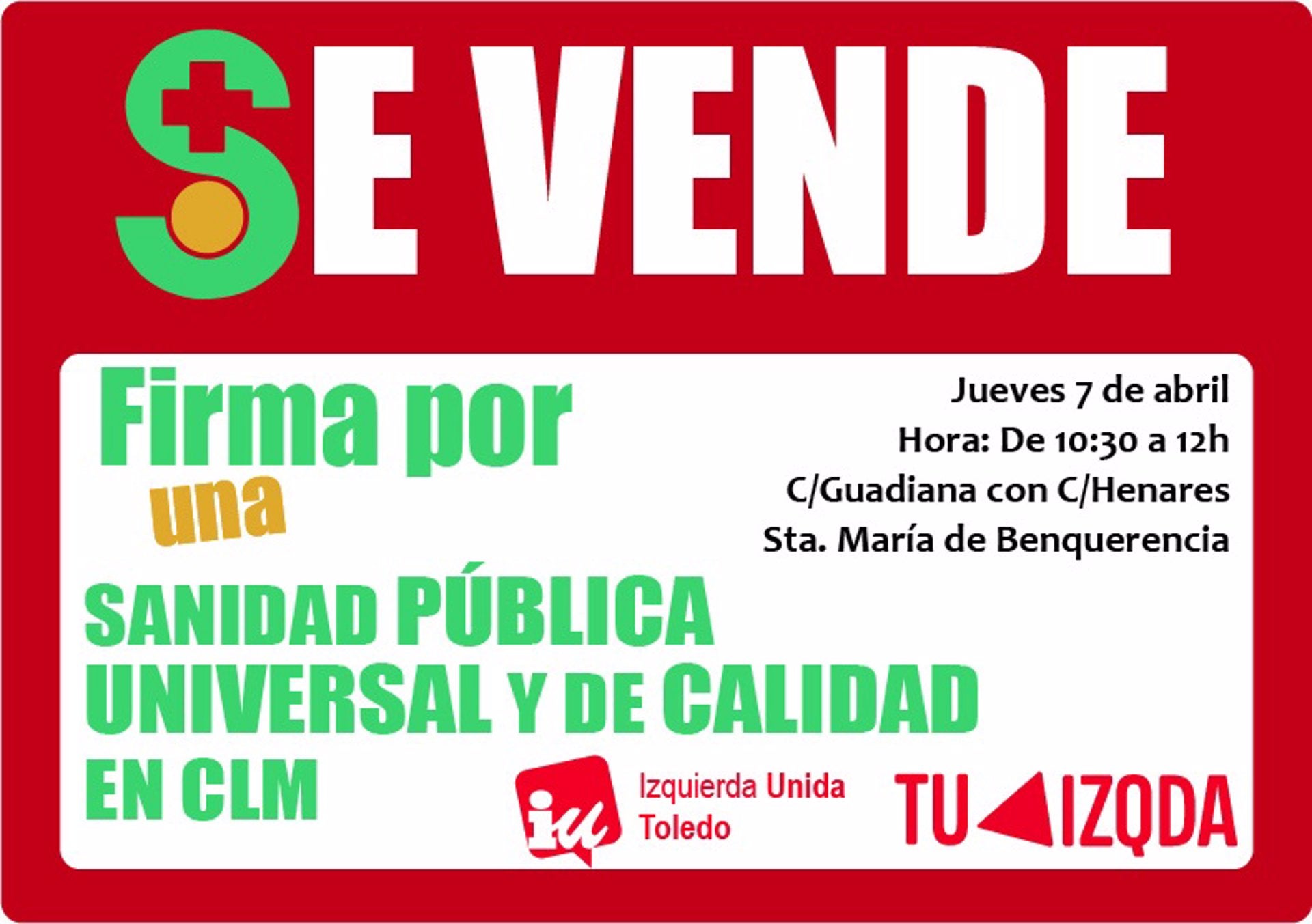 Izquierda Unida Toledo recogerá firmas por una sanidad pública en el barrio del Polígono Izquierda Unida Toledo recogerá firmas por una sanidad pública en el barrio del Polígono
