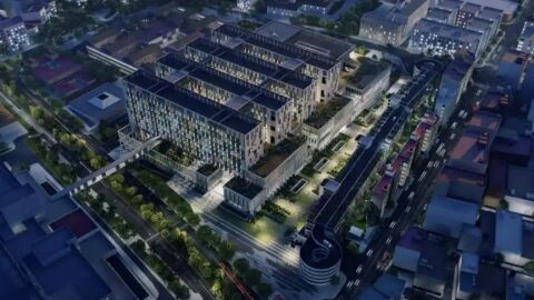 Proyecto de tercer hospital para M&aacute;laga. Vista a&eacute;rea nocturna