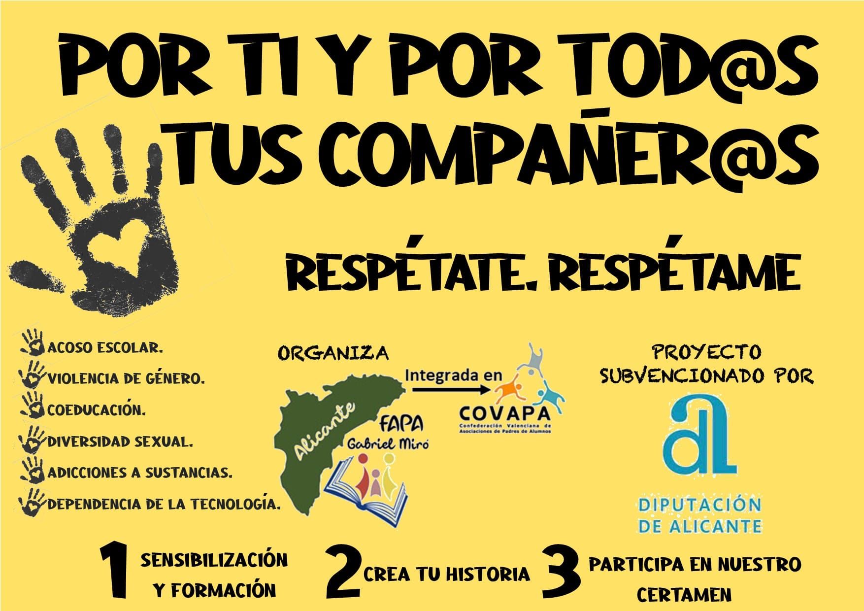 'Respétame. Respétate' con este lema la FAPA Gabriel Miró de Alicante inicia una campaña de prevención de violencia en las aulas 'Respétame. Respétate' con este lema la FAPA Gabriel Miró de Alicante inicia una campaña de prevención de violencia en las aulas