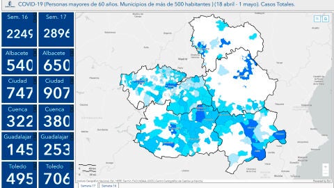 Mapa de casos positivos por provincias de CLM 