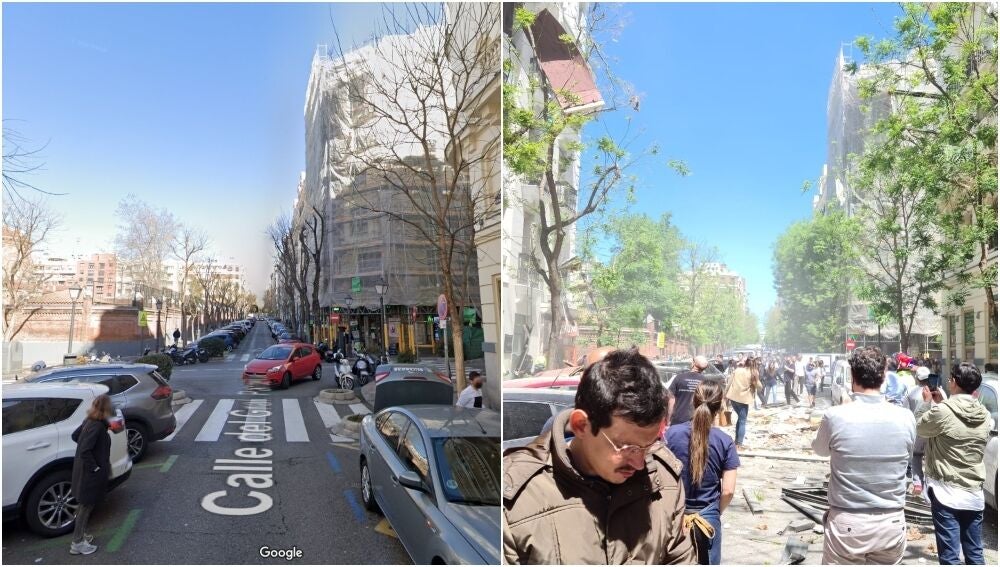 Antes y después en la calle de la explosión en Madrid.