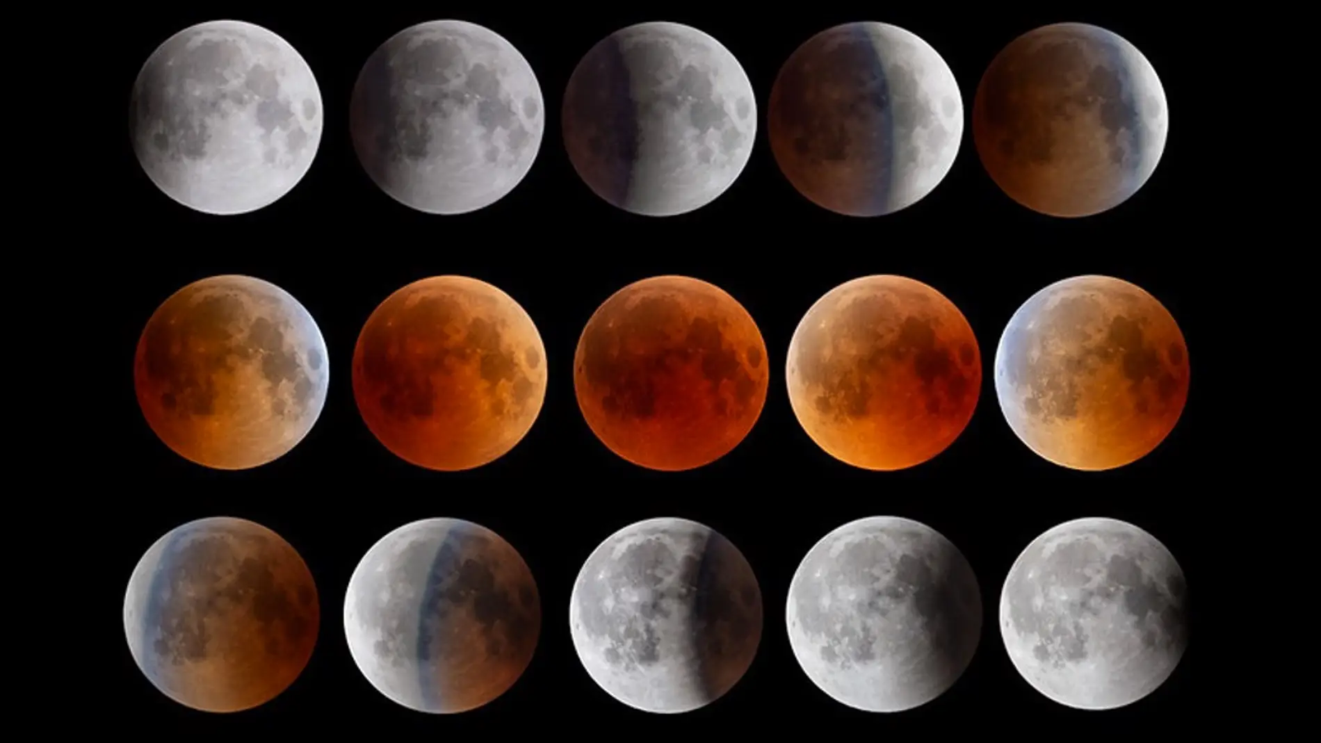Secuencia del eclipse total de Luna de 2018. Fotografía facilitada por el IAC/ EFE