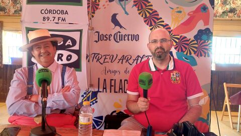Manolo Serrano y Antonio David Jim&eacute;nez en la caseta de la Paz y Esperanza