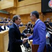 Núñez Feijóo y Pedro Sánchez saludándose en el Senado