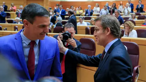 El presidente del gobierno Pedro Sánchez, y el líder del PP Alberto Nuñez Feijóo, durante la sesión de control este martes en la Cámara Alta en Madrid. El presidente del gobierno Pedro Sánchez, y el líder del PP Alberto Nuñez Feijóo, durante la sesión de control este martes en la Cámara Alta en Madrid.
