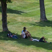  Unos jóvenes se protegen a la sombra en un parque de Lleida este lunes
