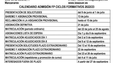 Calendario de admisi&oacute;n en ciclos formativos de FP