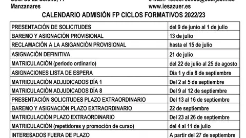 Calendario de admisión en ciclos formativos de FP Calendario de admisión en ciclos formativos de FP