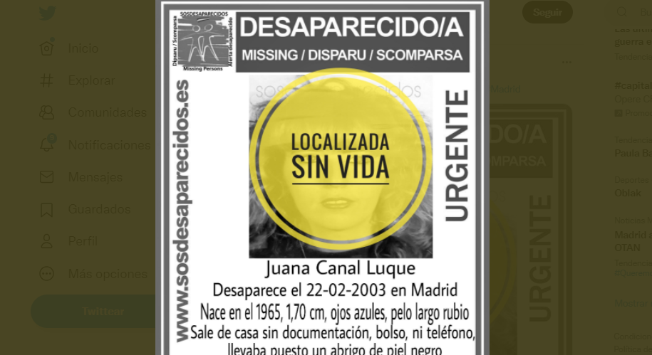 Quién era Juana Canal, la mujer que desapareció hace 19 años y a la que han encontrado muerta Quién era Juana Canal, la mujer que desapareció hace 19 años y a la que han encontrado muerta