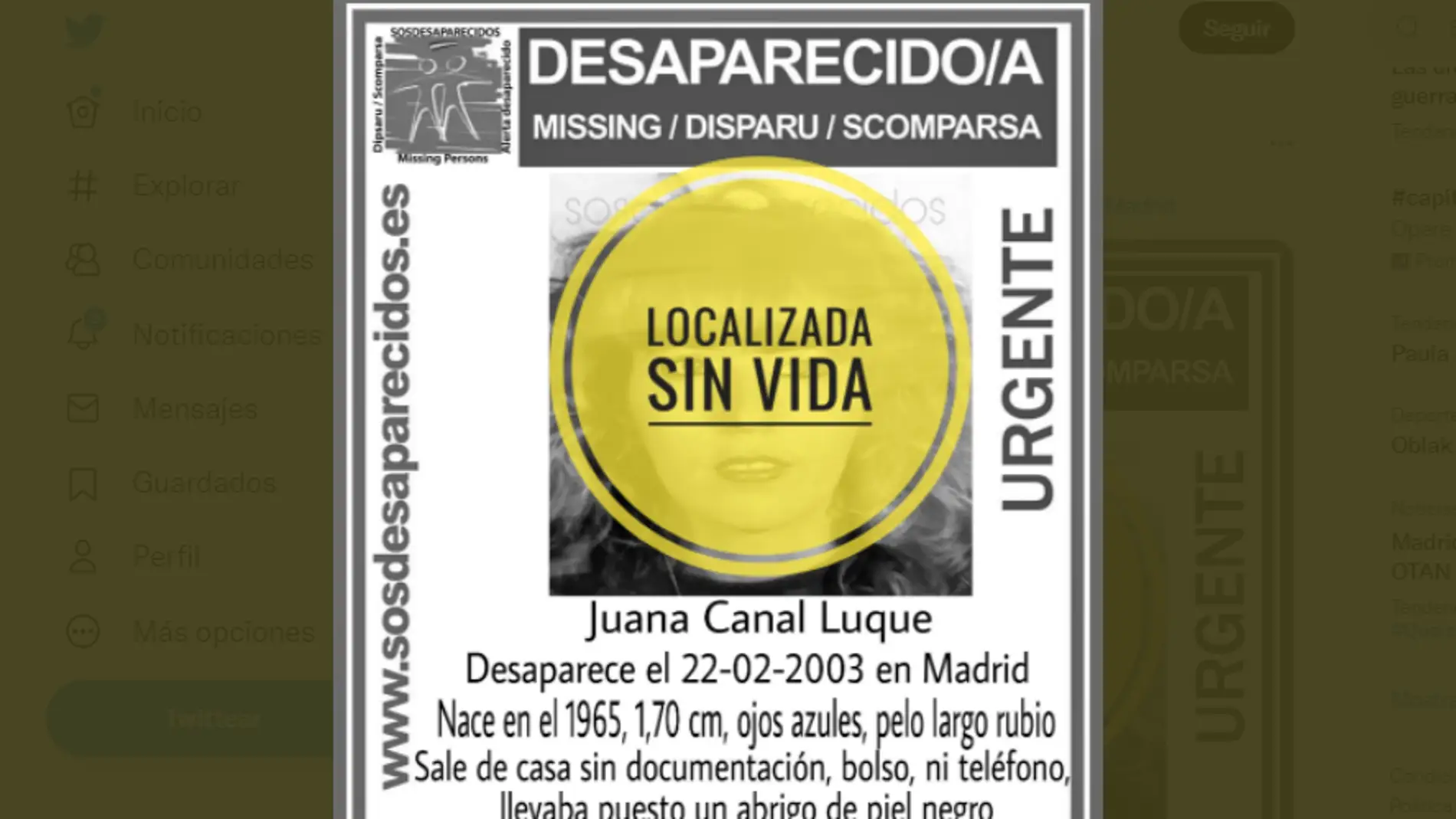 Quién era Juana Canal, la mujer que han encontrado desaparecida desde hace 19 años