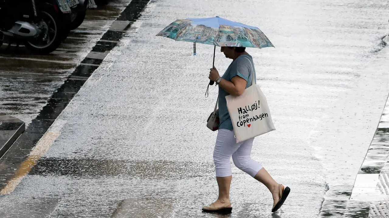 Una persona se resguarda bajo un paraguas durante una tormenta de verano.