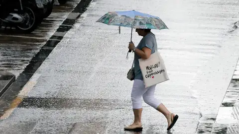 Una persona se resguarda bajo un paraguas durante una tormenta de verano.