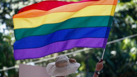 Fotografía de archivo de una persona portando una bandera lgtbi durante una marcha