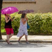 Dos mujeres con un paraguas pasean por el Parque de Maria Luisa en la primera ola de calor el pasado junio en Sevilla