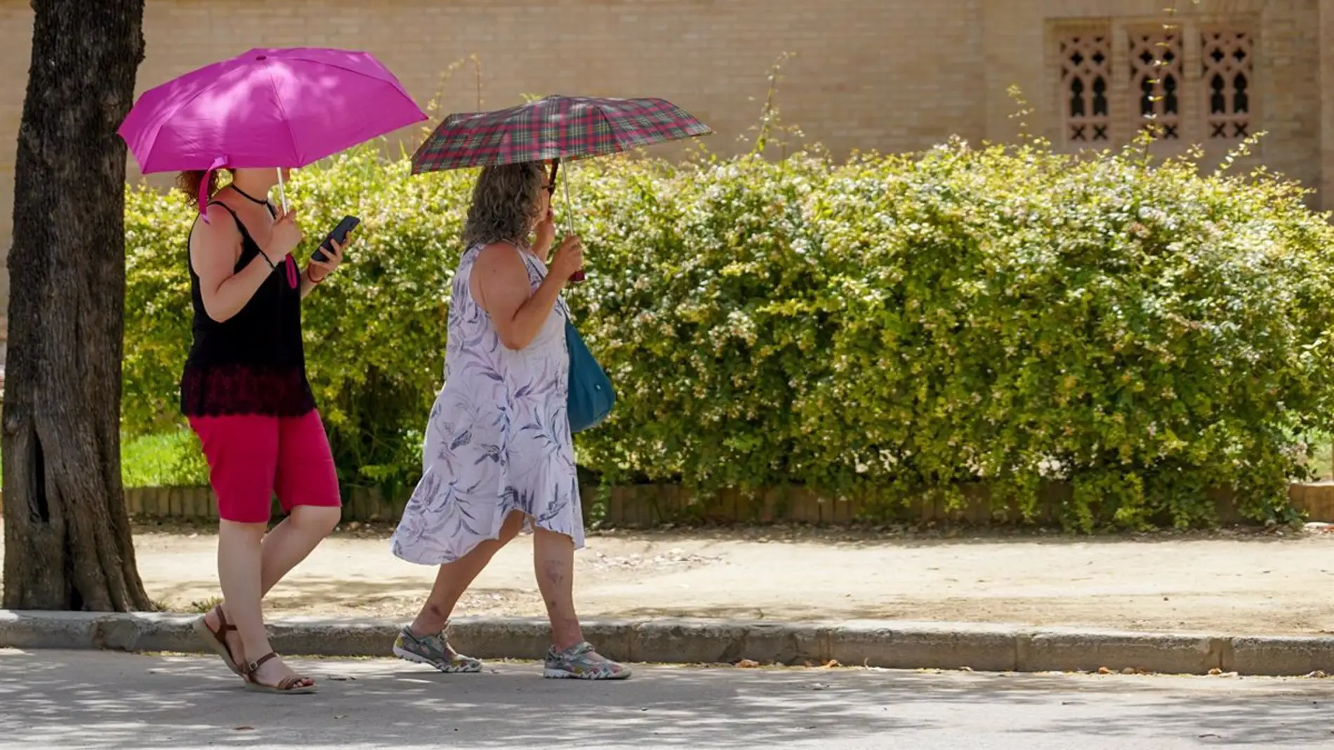 Dos mujeres con un paraguas pasean por el Parque de Maria Luisa en la primera ola de calor el pasado junio en Sevilla
