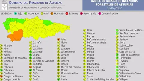 Índice De Riesgo De Incendio Forestal En Asturias Para El Lunes 18 De Julio De 2022. - GOBIERNO DE ASTURIAS