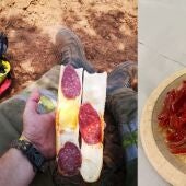 Montaje de la comida que estaban recibiendo los bomberos de Castilla y León y la que les da José Andrés 