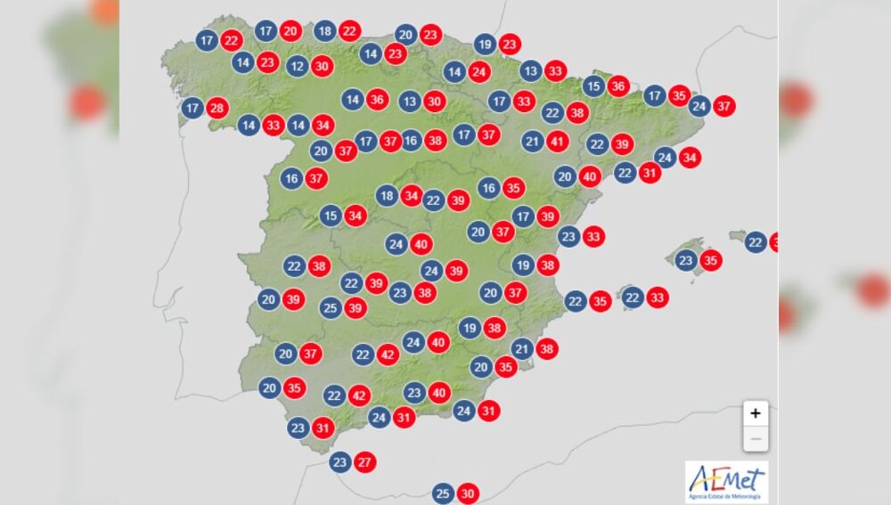 Mapa de las temperaturas de la AEMET para este viernes