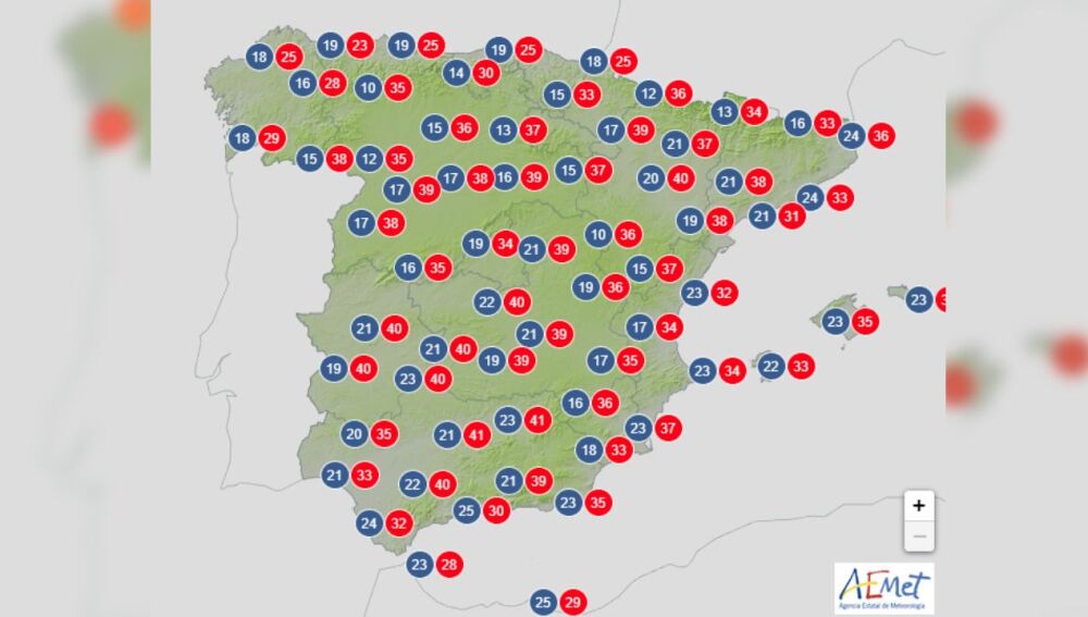 Mapa de las temperaturas del AEMET para este jueves