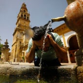 Un turista se refresca en el Patio de los Naranjos de la Mezquita-Catedral de Córdoba