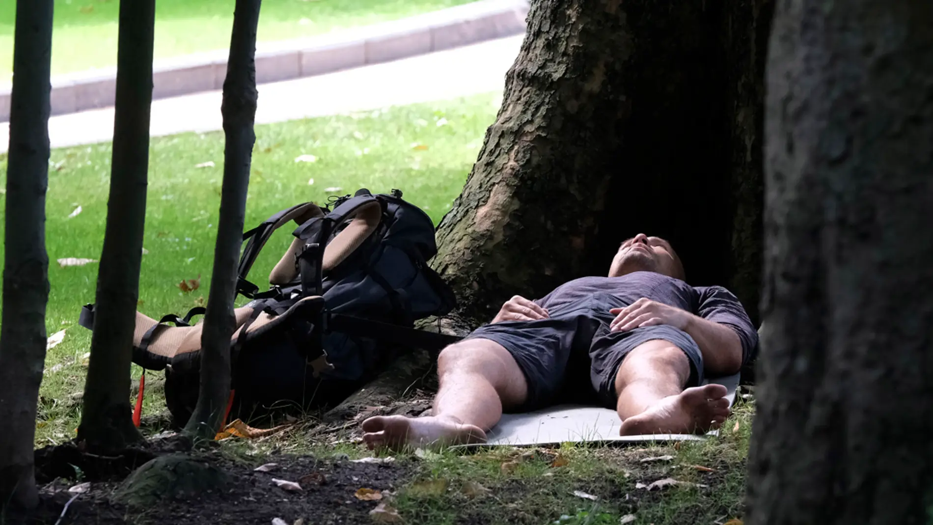 Un joven descansa resguardado del calor en el Campo de San Francisco, en Oviedo/ EFE/Paco Paredes