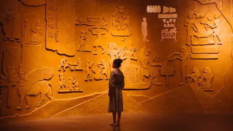 Imagen de una mujer observando grabados arqueológicos Imagen de una mujer observando grabados arqueológicos