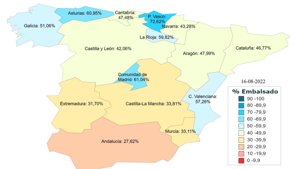 Mapa del porcentaje de agua embalsado en España