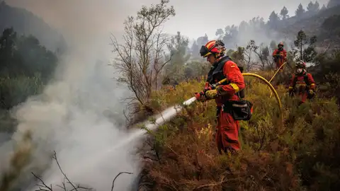 Los bomberos se centran en la extinción de los rebrotes en Bejís provocados por el fuerte viento