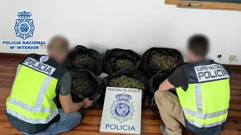 Agentes de la Policía Nacional junto a la marihuana intervenida a los detenidos en Elda.