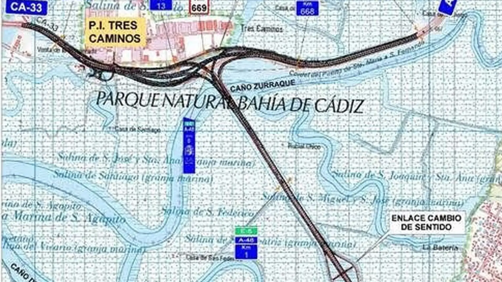 Mapa del Parque Natural Bahía de Cádiz a su paso por Tres Caminos