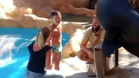 Un menor disfrutando de la terapia con leones marinos Un menor disfrutando de la terapia con leones marinos