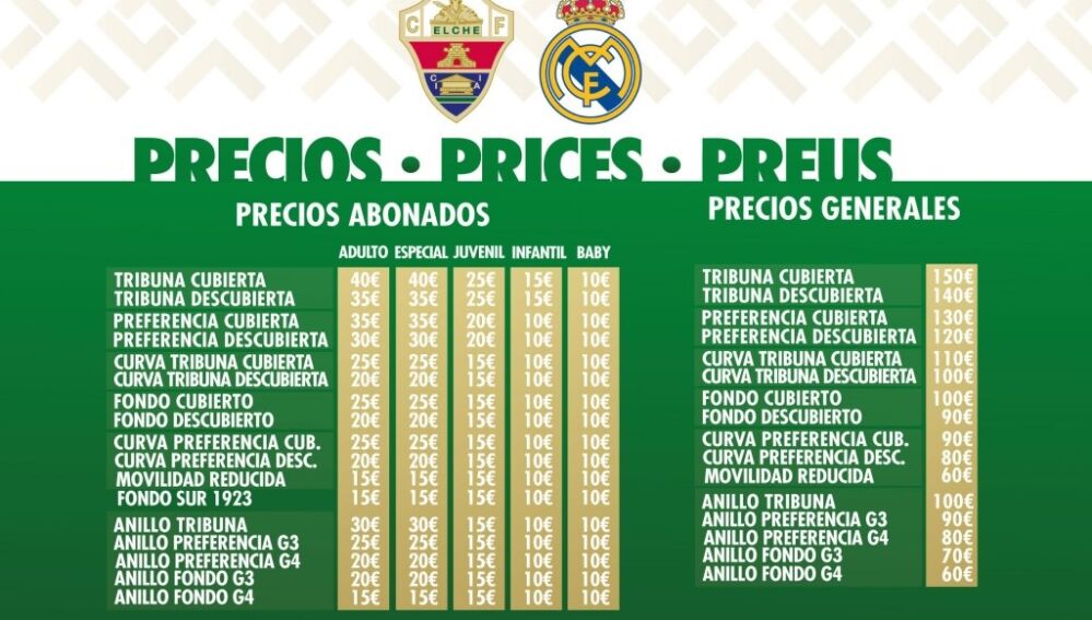 Elche-Real Madrid: siete mil entradas, entre 60 y 150 euros