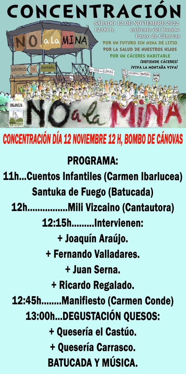 Este sábado 12 de noviembre a las 12 del mediodía concentración en Cáceres en Contra de la Mina de Litio Este sábado 12 de noviembre a las 12 del mediodía concentración en Cáceres en Contra de la Mina de Litio
