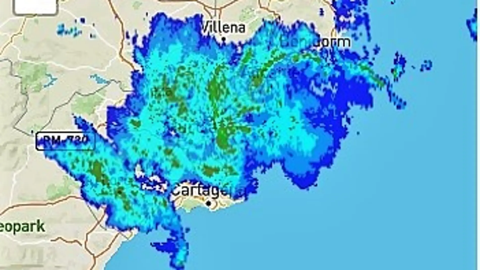 Imagen de radar de precipitaciones de la AEMET.