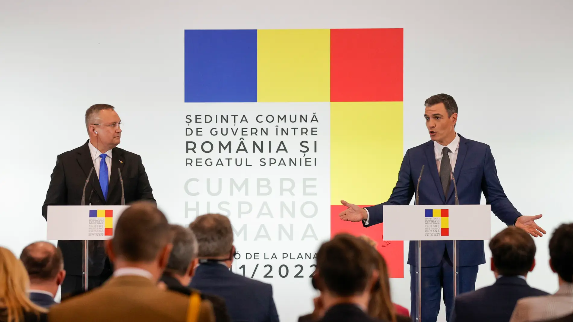 El presidente del Gobierno, Pedro Sánchez, y el primer ministro rumano, Nicolae Ciuca, comparecen en rueda de prensa