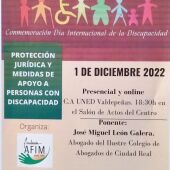 Cartel de la conferencia "PROTECCIÓN JURÍDICA Y MEDIDAS DE APOYO A PERSONAS CON DISCAPACIDAD"