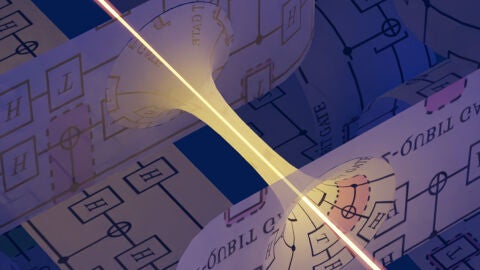 Representaci&oacute;n gr&aacute;fica del agujero de gusano en un procesador cu&aacute;ntico y teleportaci&oacute;n de un c&uacute;bit o bit cu&aacute;ntico.