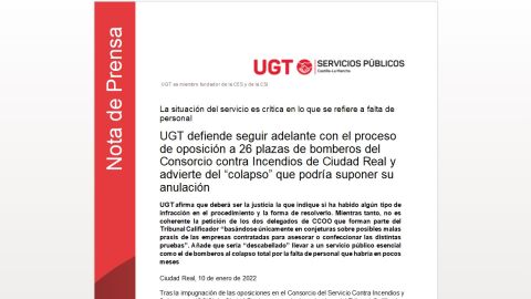 Nota de prnsa de UGT relativa a las oposiciones de bombero del SCIS