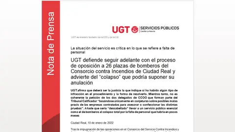 Nota de prnsa de UGT relativa a las oposiciones de bombero del SCIS Nota de prnsa de UGT relativa a las oposiciones de bombero del SCIS