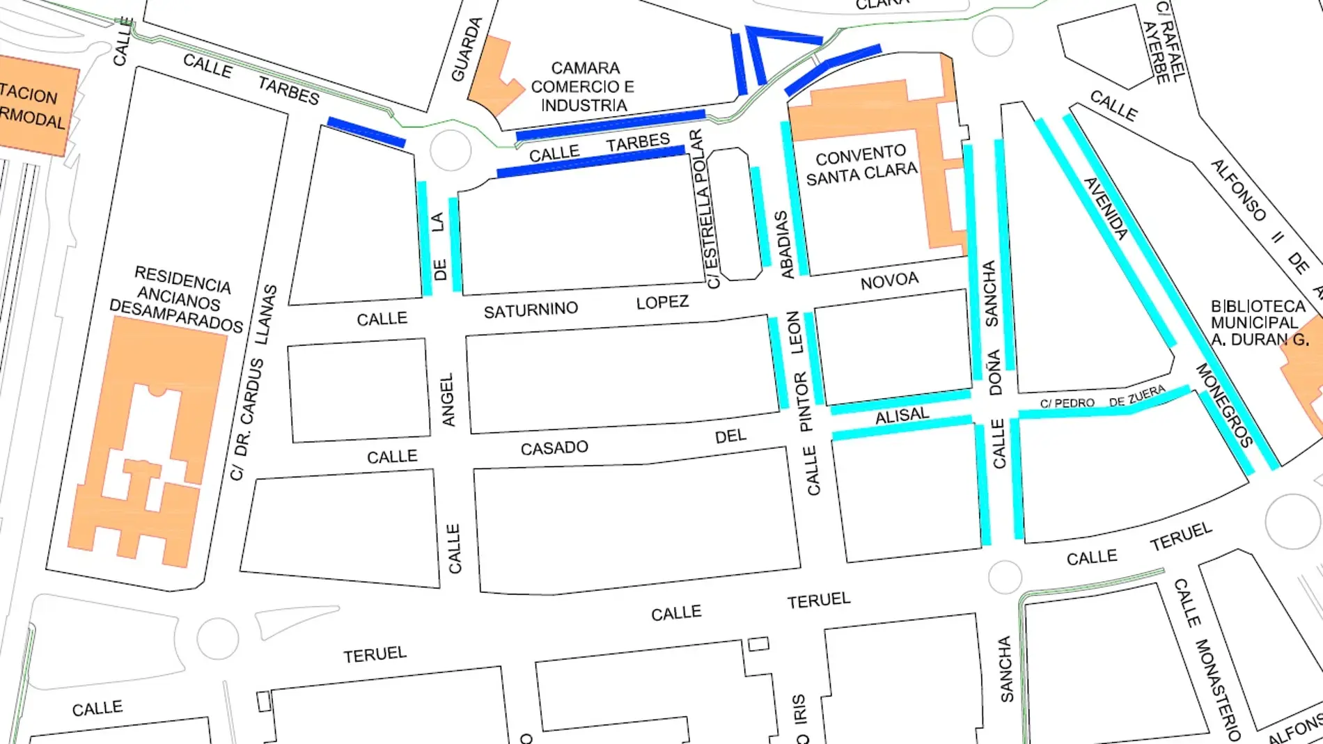 Plano con las calles en las que se estaba previsto poner zona azul el lunes.
