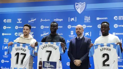 Presentación de Delmás, Lago Junior y Appiah en el Málaga CF Presentación de Delmás, Lago Junior y Appiah en el Málaga CF